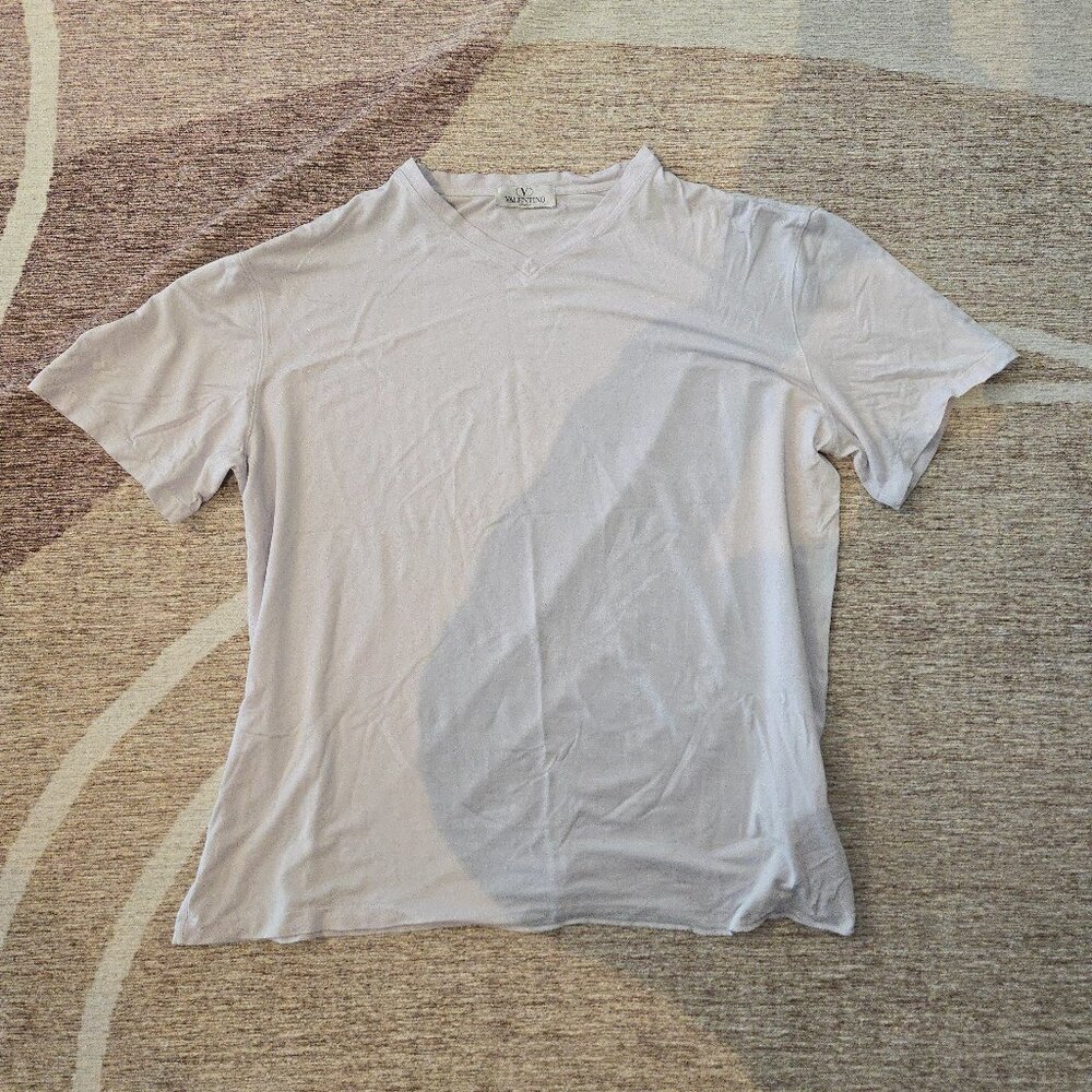 Valentino Studio Silk Spandex Distressed Off White V Neck T (Size 54, M)